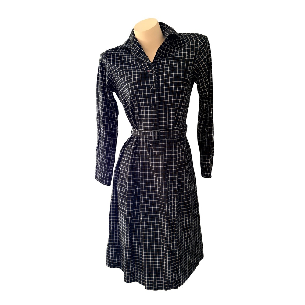 Uniqlo Ines de la Fressange Dark Academia Plaid Belted Shirt Dress Black White S